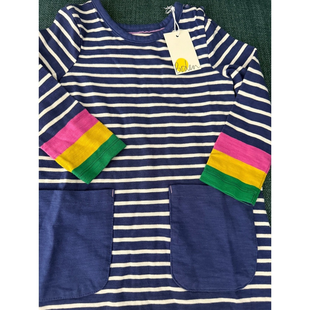 Mini Boden Girls Striped Jersey Dress Rainbow Cuffs Pockets 2-3Y NWT